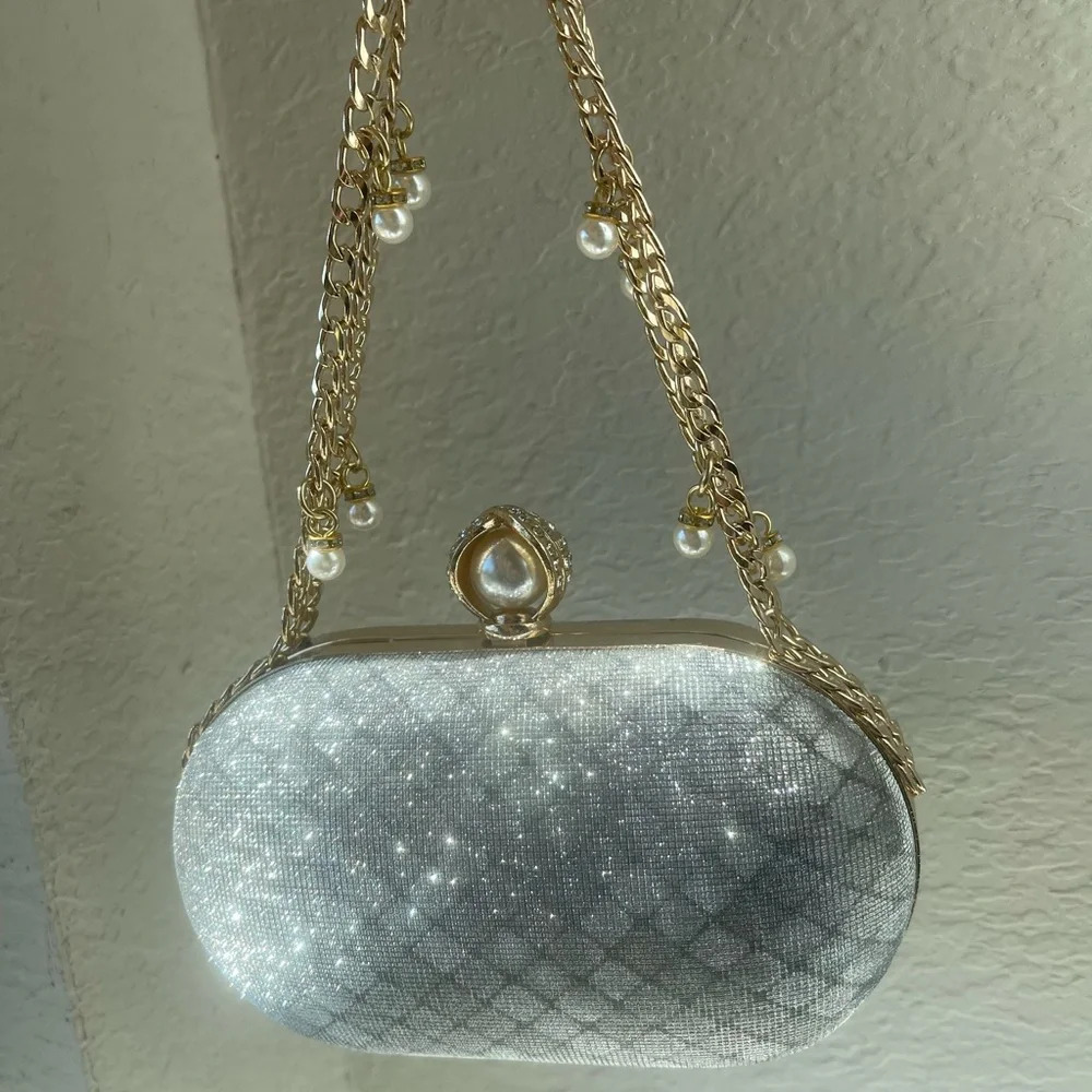 New! Silver Shimmering Glitter Evening Clutch Sparkly Banquet Purse Pearl chain